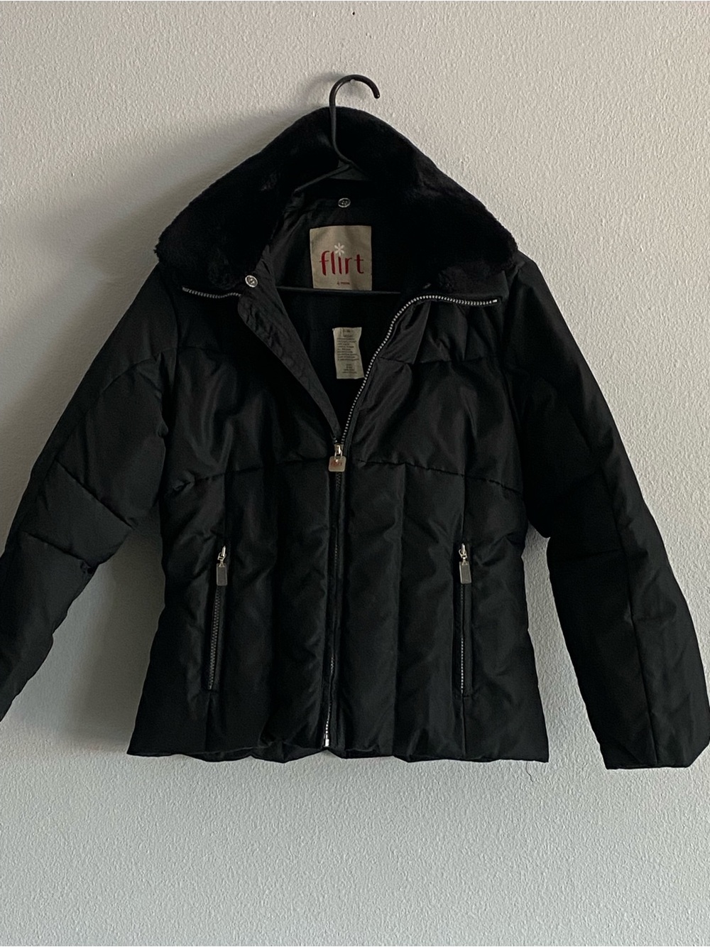 Flirt Women's Black Quilted Puffer Jacket with Faux Fur Collar